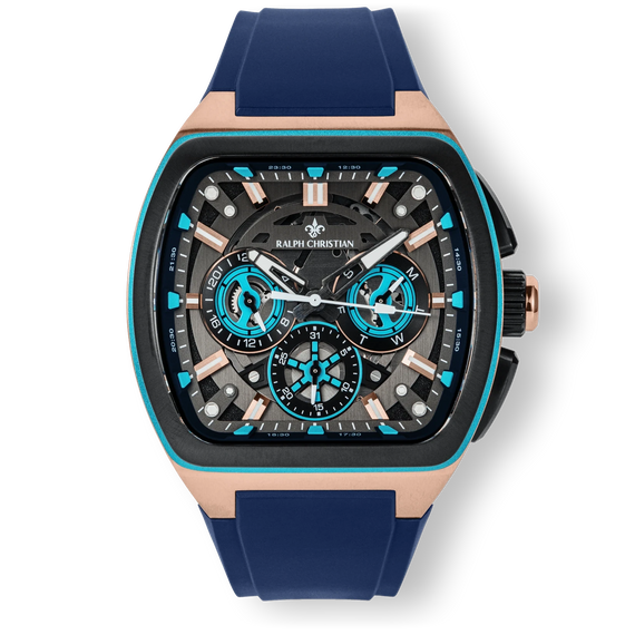 The Vector Sport - Atlantic Pulse men's luxury watch features a rose gold case with black and blue dial accents, three subdials, and a blue silicone strap.