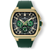 The Vector Sport - Gilded Grove men's luxury watch with a gold-tone rectangular case, green and black dial featuring date, day, and 24-hour subdials, and green silicone strap.