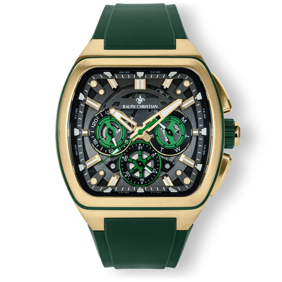 The Vector Sport - Gilded Grove men's luxury watch with a gold-tone rectangular case, green and black dial featuring date, day, and 24-hour subdials, and green silicone strap.