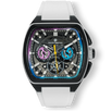 The Vector Sport - Polar Flux men's luxury watch featuring a black square case, multi-colored chronograph subdials in purple and blue, yellow second hand, white strap, and bold dial design.