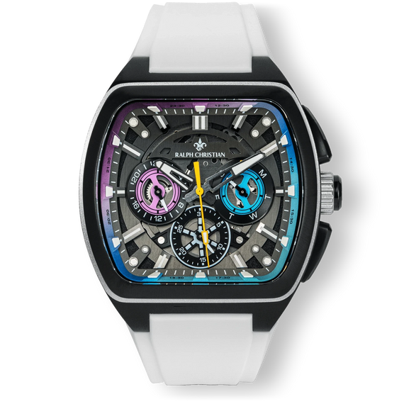 The Vector Sport - Polar Flux men's luxury watch featuring a black square case, multi-colored chronograph subdials in purple and blue, yellow second hand, white strap, and bold dial design.