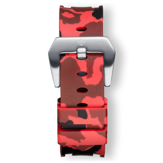 Red Camo Strap With Silver Buckle featuring a red and black camouflage pattern silver metal buckle and adjustment holes for a bold men's watch design