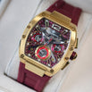The Intrepid Sport Ladies - Scarlet Gold women's luxury watch with a gold tonneau case detailed red dial three chronograph subdials and red rubber strap