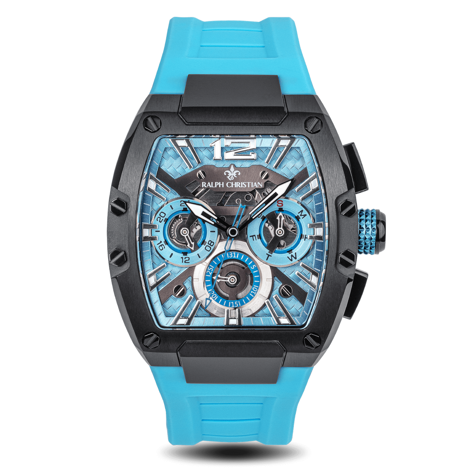 The Intrepid Sport - Arctic Blue men's luxury watch with bold black case, blue textured dial featuring 24-hour subdial, day and date functions, and a vibrant blue silicone strap, statement luxury watch by Ralph Christian. Bold by Design.