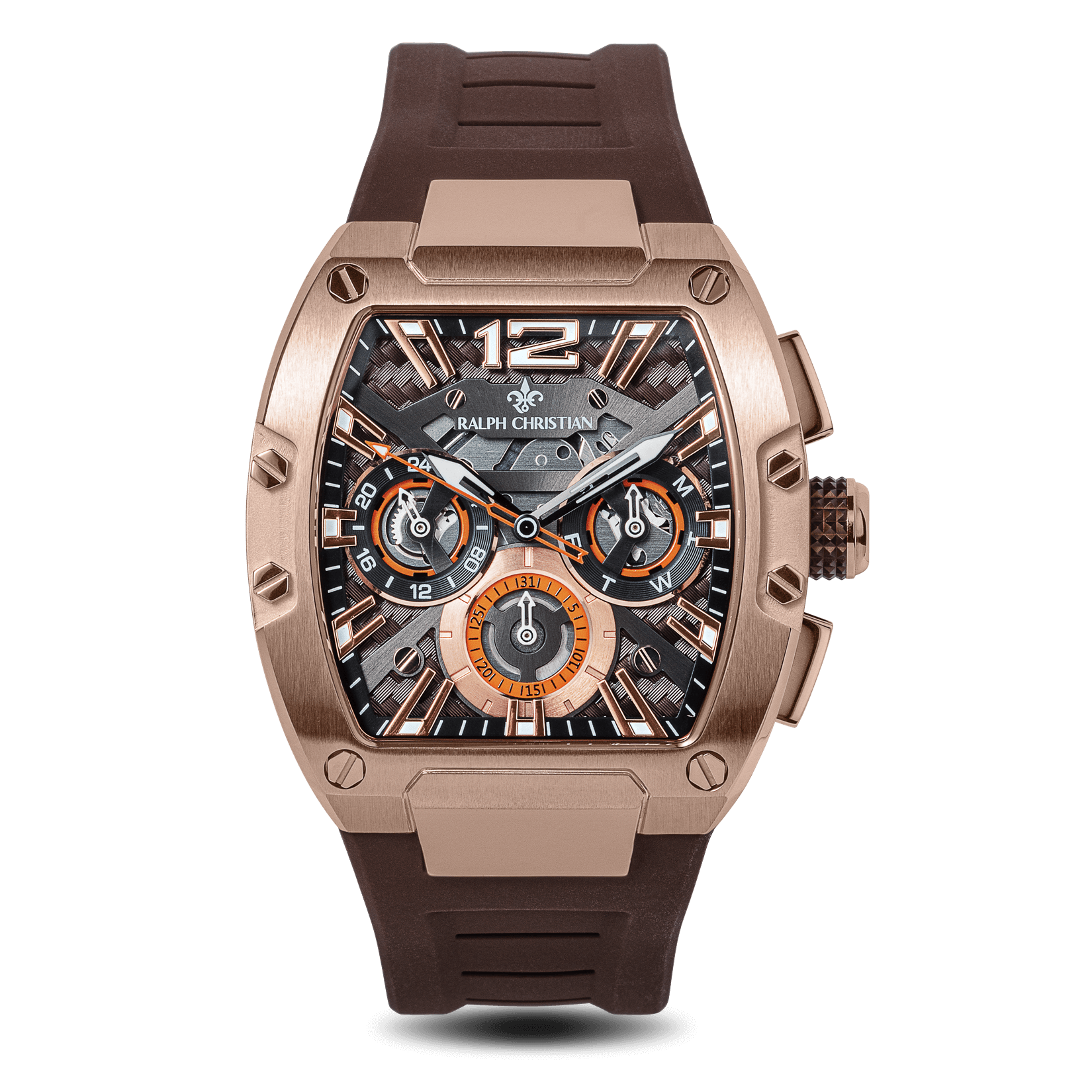 The Intrepid Sport - Gilded Brown men's luxury watch features a bold square rose gold-tone case, black and brown dial with chronograph subdials, and a textured brown rubber strap.