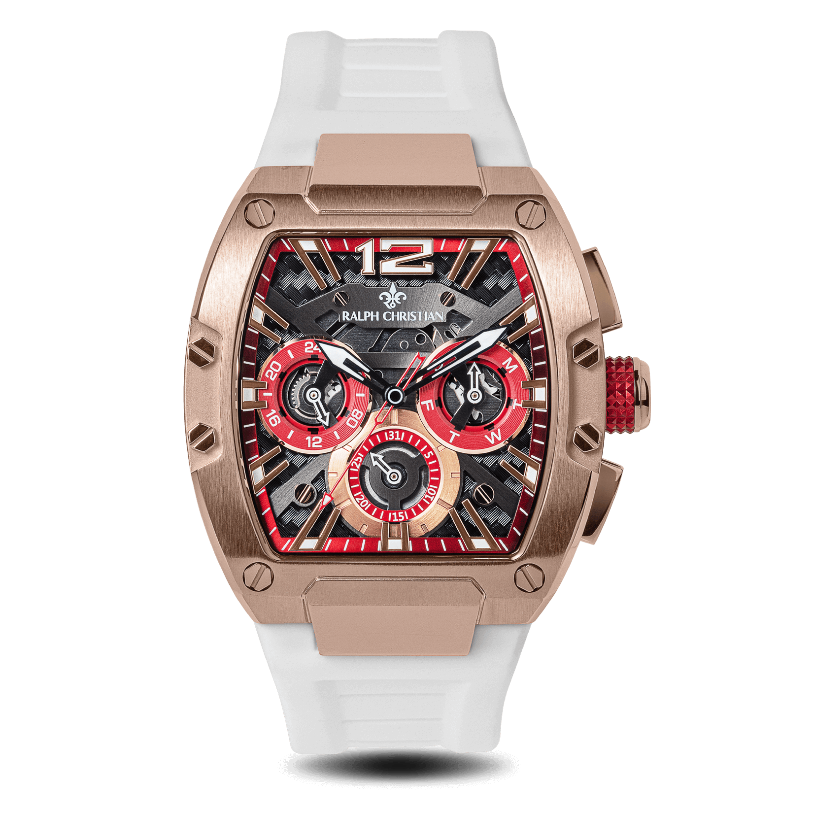 The Intrepid Sport - Ice White men's luxury watch featuring a rose gold-tone case, textured black and red dial with chronograph subdials, and a white rubber strap in a bold, statement design by Ralph Christian.