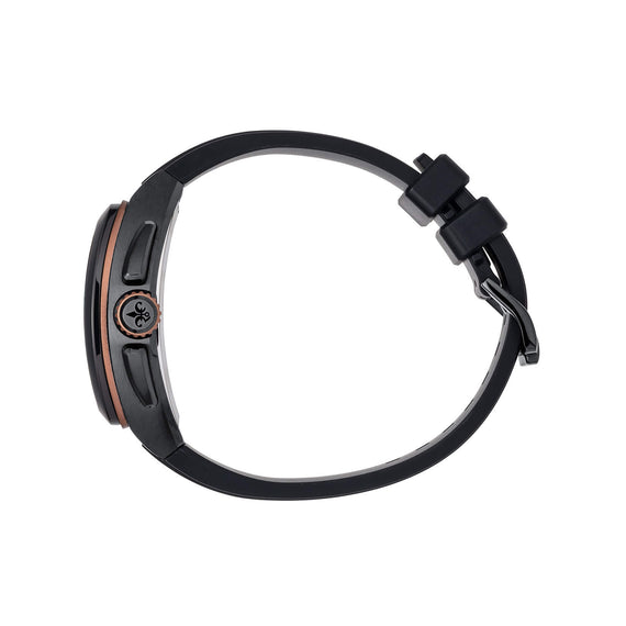 A black smartwatch band with a matching black watch case, featuring a distinctive copper-colored accent ring around the side button and a black buckle clasp, shown against a plain white background.