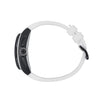 A white silicone watch band with a black and silver smartwatch case, shown from a side profile view on a plain white background.