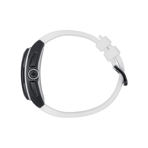 A white silicone watch band with a black and silver smartwatch case, shown from a side profile view on a plain white background.