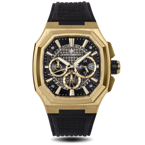 Luxury watch with gold case and black strap on a white background