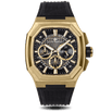 Luxury watch with gold case and black strap on a white background