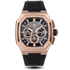 Luxury watch with rose gold case and black strap