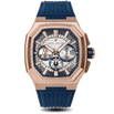 Luxury watch with blue strap and rose gold case on black background