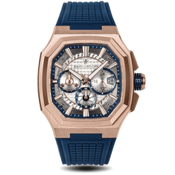 Luxury watch with blue strap and rose gold case on black background