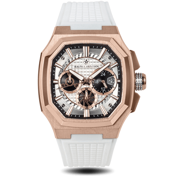 Luxury watch with rose gold case and white strap on black background