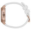Watch with white strap and rose gold case on a white background