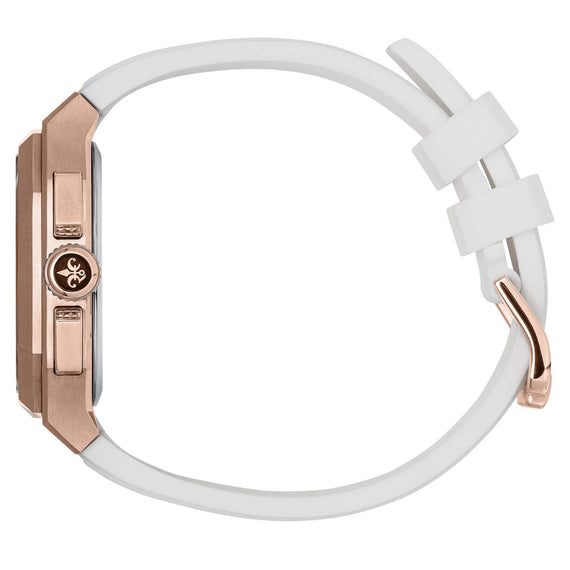 Watch with white strap and rose gold case on a white background