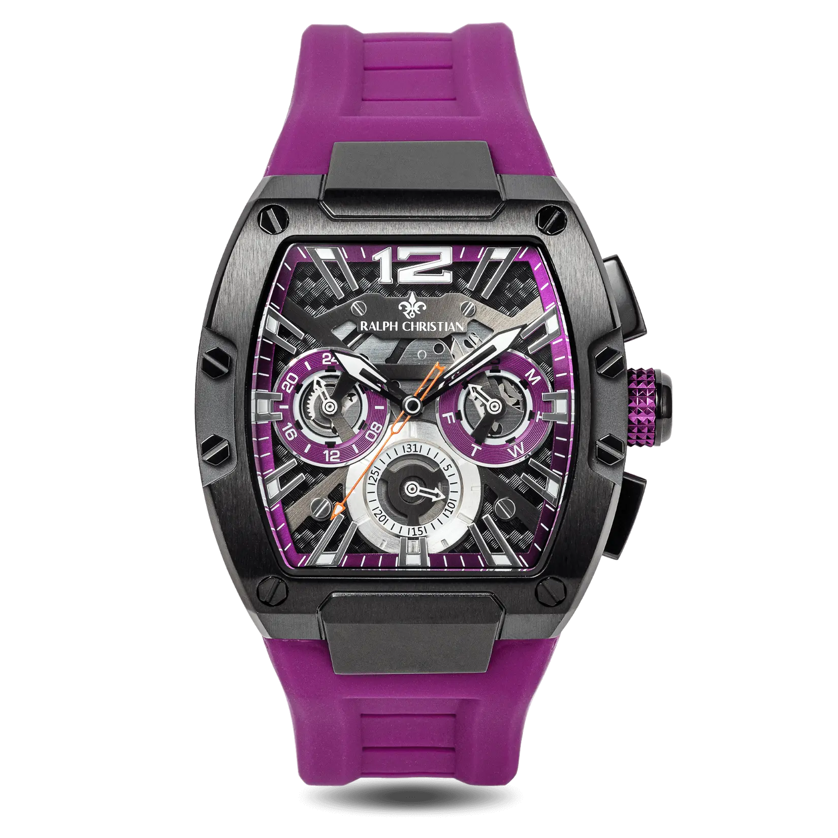 The Intrepid Sport - Amethyst Blaze men's luxury watch features a bold purple silicone strap, black rectangular case with hex screws, and a detailed dial with day and date subdials, accented by orange and purple highlights.
