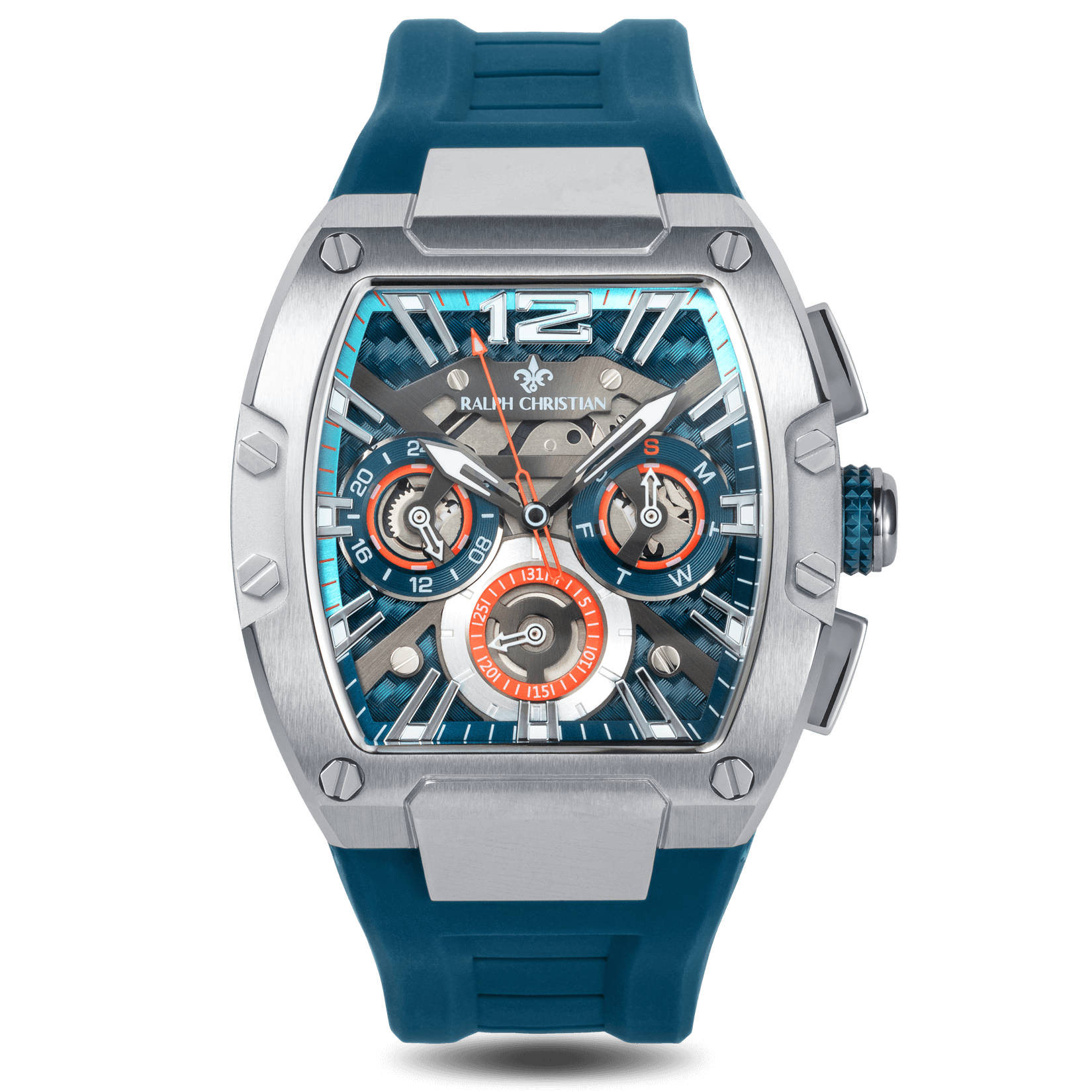The Intrepid Sport - Blue Horizon men's luxury watch featuring a blue rubber strap, bold stainless steel case, sapphire-coated crystal, and intricate chronograph subdials with orange accents, designed to be noticed. Bold by Design.