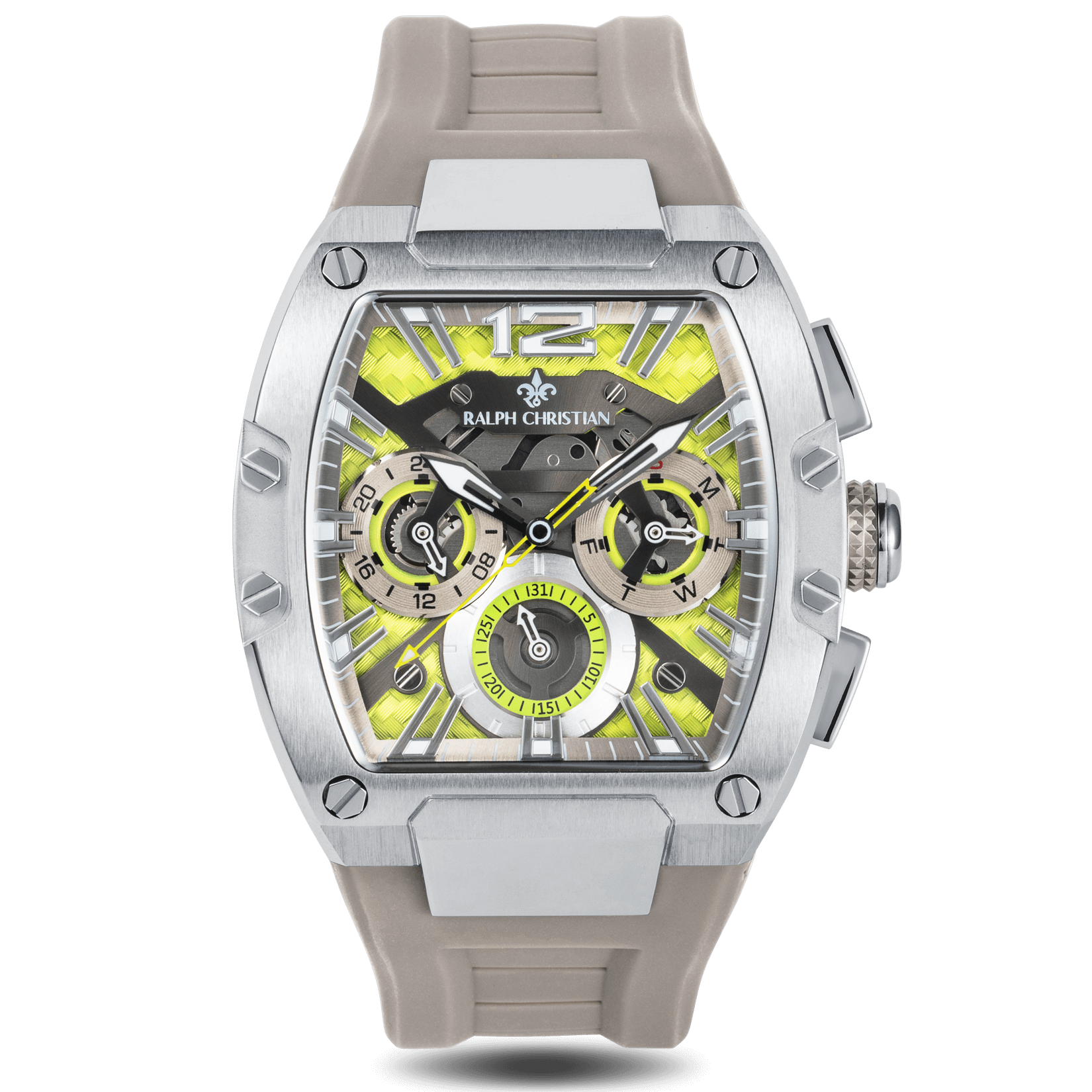 The Intrepid Sport - Electro Slate men's luxury watch featuring a silver rectangular case with brushed steel finish, bold chronograph subdials, lime green accents on the dial, and a taupe silicone strap with a modern sporty design.