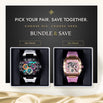 A promotional bundle image showing two luxury watches in open presentation boxes beneath the text 'BUNDLE & SAVE'. The left watch is labeled 'His Watch' and has a black case with a colorful dial and white strap.