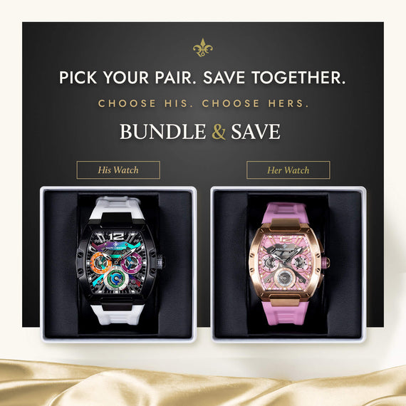 A promotional bundle image showing two luxury watches in open presentation boxes beneath the text 'BUNDLE & SAVE'. The left watch is labeled 'His Watch' and has a black case with a colorful dial and white strap.