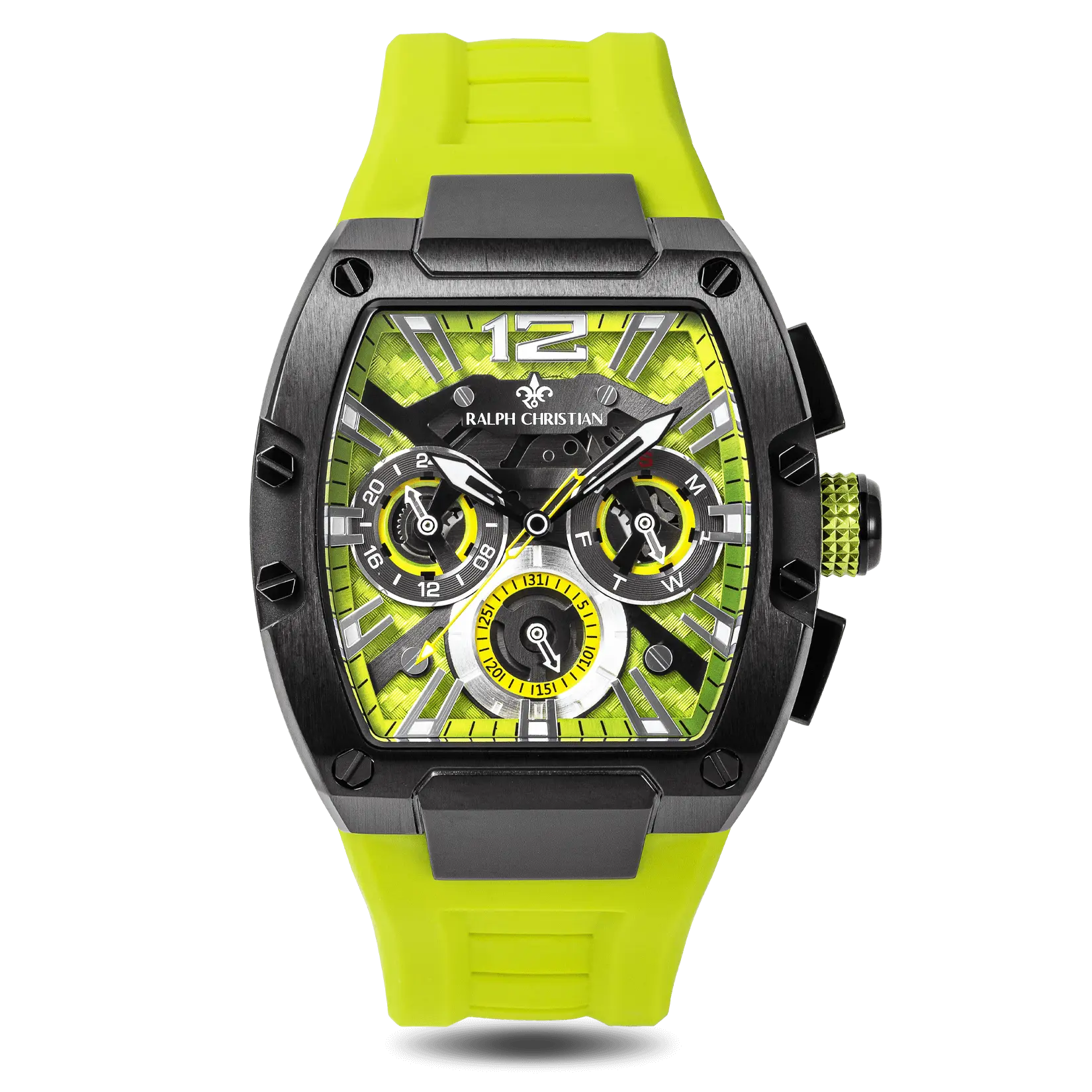 The Intrepid Sport - Hyper Lime men's luxury watch featuring a bold lime green dial and strap, black rectangular case, chronograph subdials, day and date functions, and signature Ralph Christian detailing.