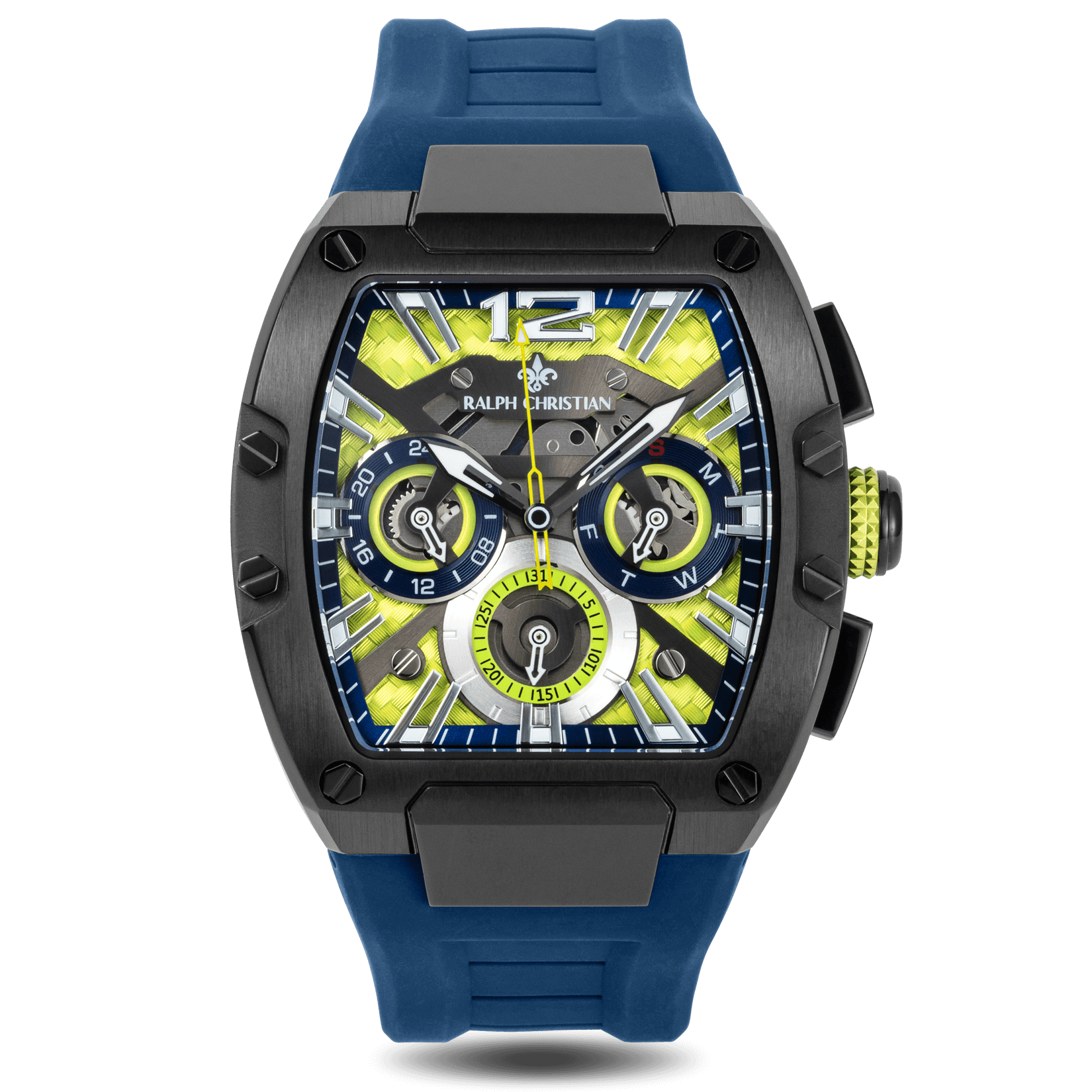 Men's luxury chronograph watch by Ralph Christian with a black square case, blue rubber strap, yellow and black dial, chronograph subdials, and luminous hands.