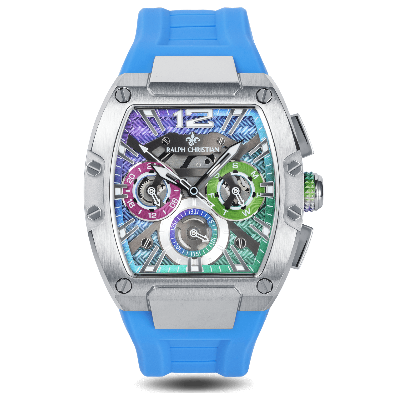 The Intrepid Sport - Northern Lights features a bold blue strap, stainless steel case, and a colorful dial with chronograph subdials in purple, green, and blue, designed to be noticed.