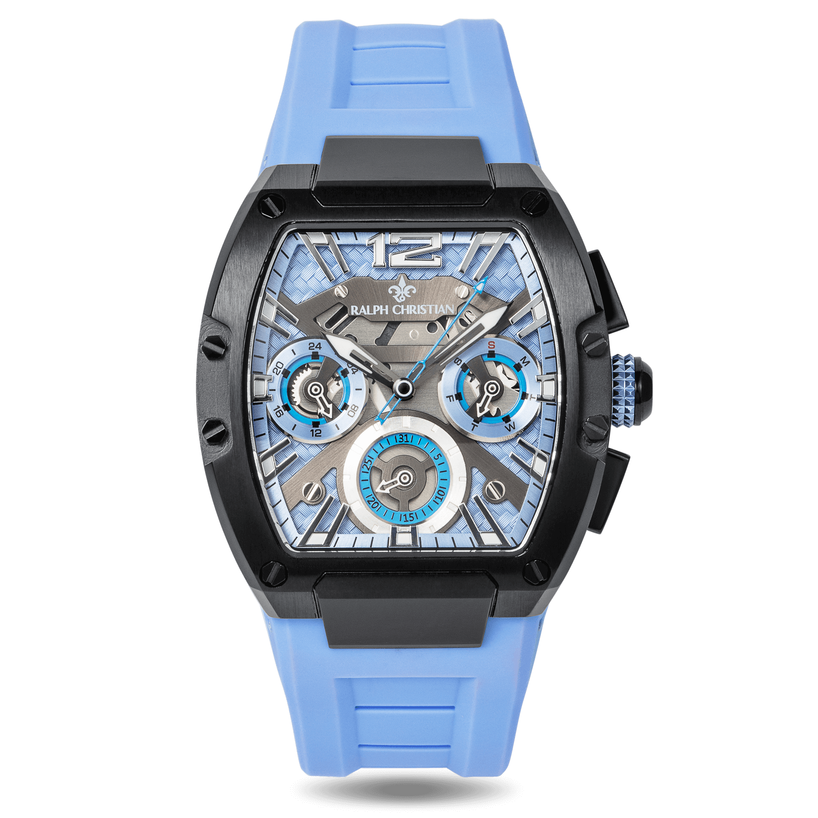 The Intrepid Sport Ladies - Blue Mirage features a bold blue and black design with a squared black case, light blue silicone strap, and a detailed dial showcasing day and date functions and multiple subdials.