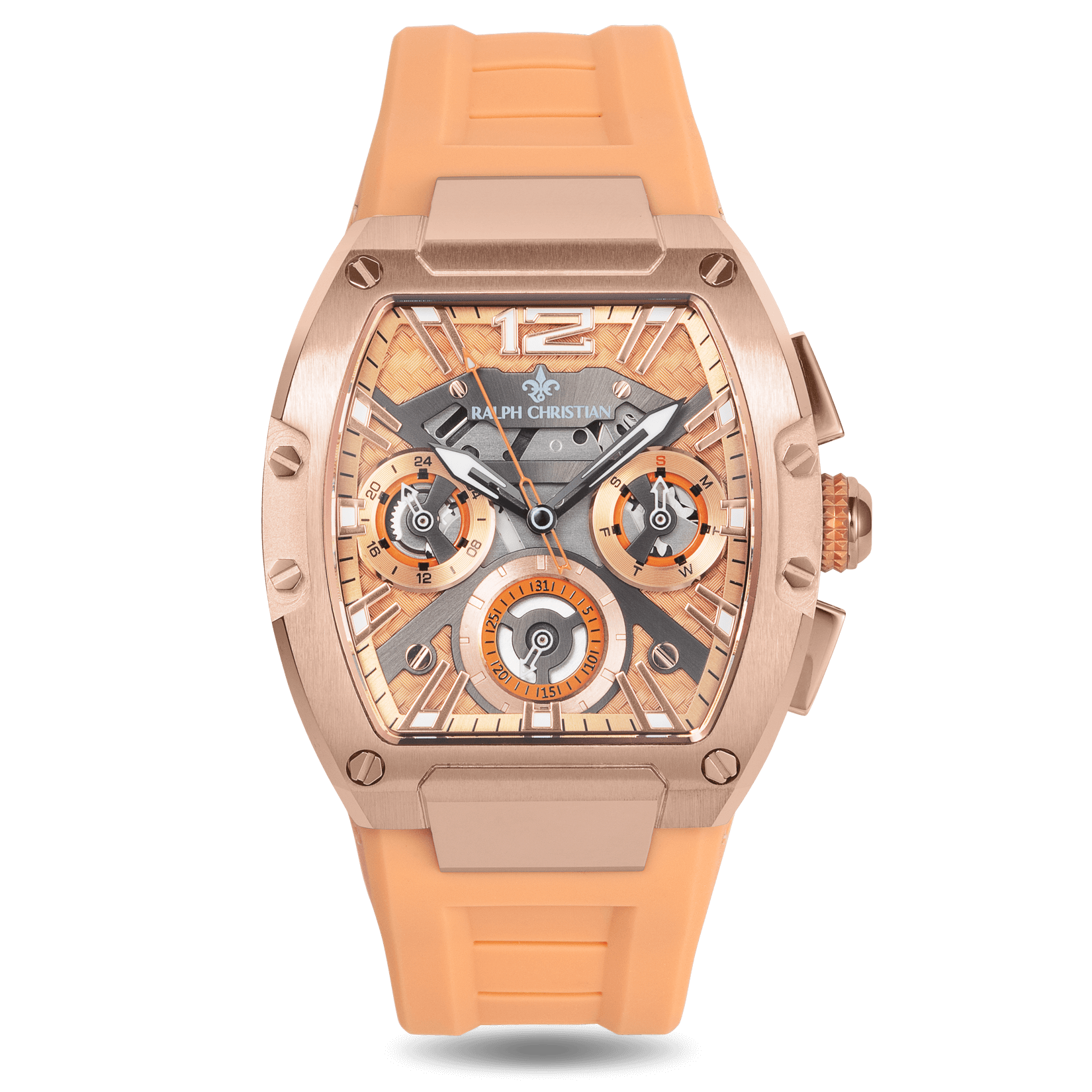 The Intrepid Sport Ladies - Sunkiss Bronze women's luxury watch featuring a rose gold-tone case, intricate dial with day and date functions, and a peach-colored silicone strap, bold by design.