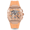 Luxury watch with rose gold case and peach silicone strap on a white background