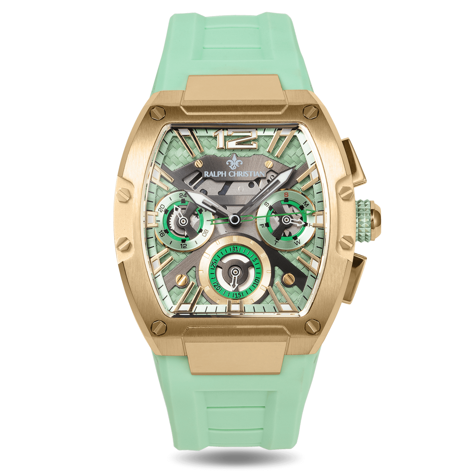 The Intrepid Sport Ladies - Emerald Mist by Ralph Christian, a bold women's luxury watch featuring a mint green strap, rose gold-tone case, sapphire-coated crystal, and functional subdials.