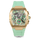 Luxury watch with gold case and green strap on a black background
