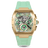 Luxury watch with gold case and green strap on a black background