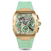 Luxury watch with gold case and green strap on a black background