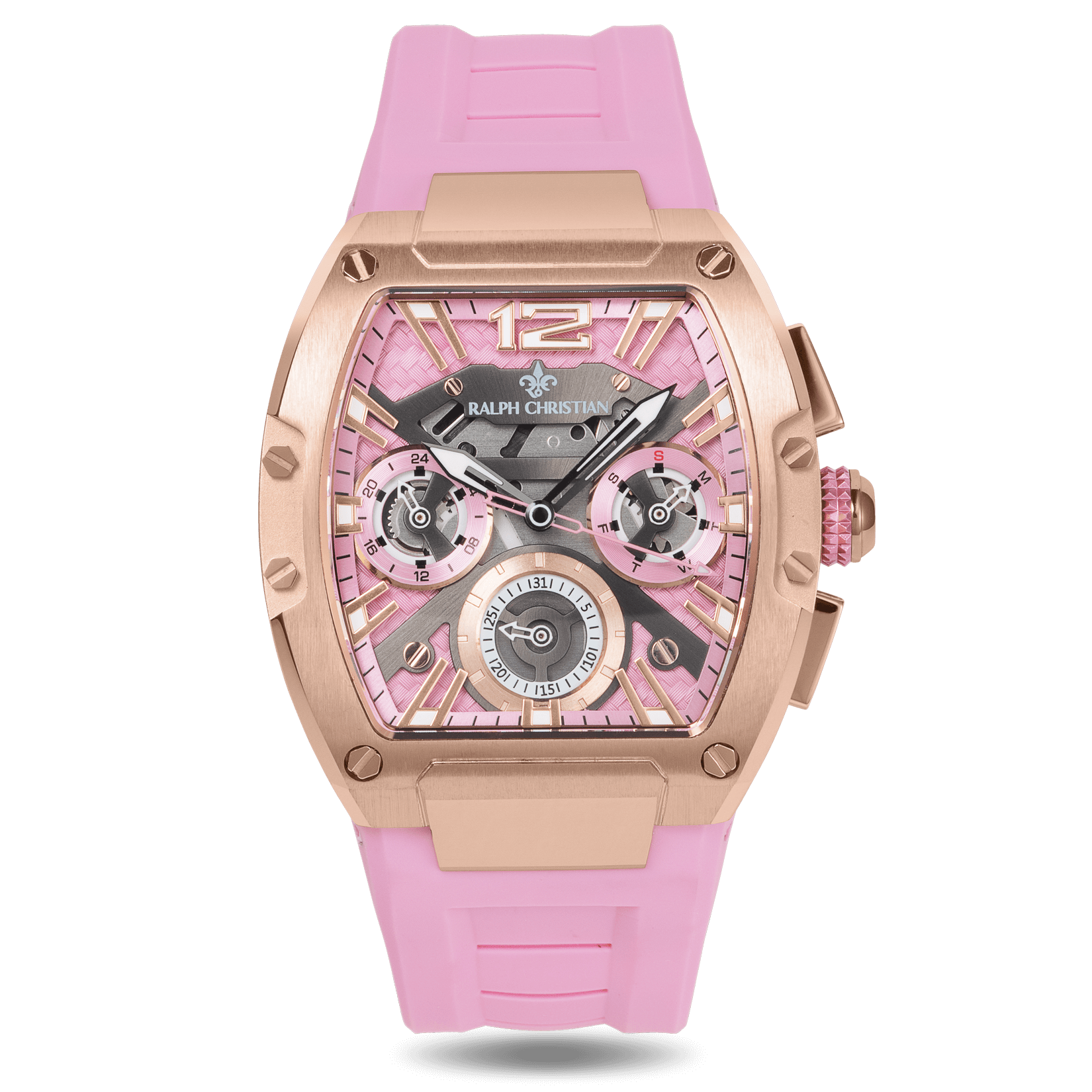 The Intrepid Sport Ladies - Rose Petal luxury statement watch features a rose gold-toned case, pink dial with day and date functions, and a soft pink silicone strap for bold, confident style.