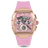 Pink watch with rose gold case on a white background