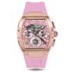 Pink watch with rose gold case on a white background