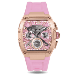 The Intrepid Sport Ladies - Rose Petal luxury statement watch features a rose gold-toned case, pink dial with day and date functions, and a soft pink silicone strap for bold, confident style.