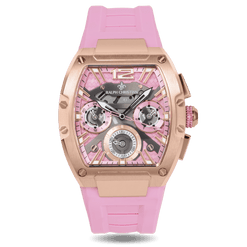 The Intrepid Sport Ladies - Rose Petal luxury statement watch features a rose gold-toned case, pink dial with day and date functions, and a soft pink silicone strap for bold, confident style.