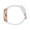 The Intrepid Sport Ladies - Sakura Blush rose gold watch case with white strap, side profile showing crown and polished case details, women's luxury watch