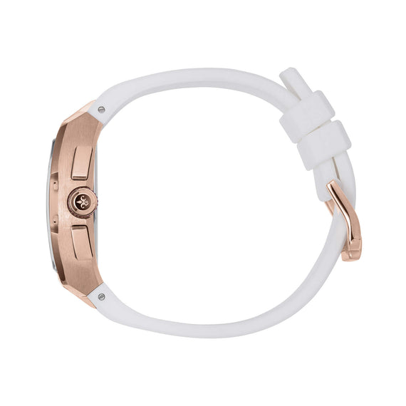 The Intrepid Sport Ladies - Sakura Blush rose gold watch case with white strap, side profile showing crown and polished case details, women's luxury watch