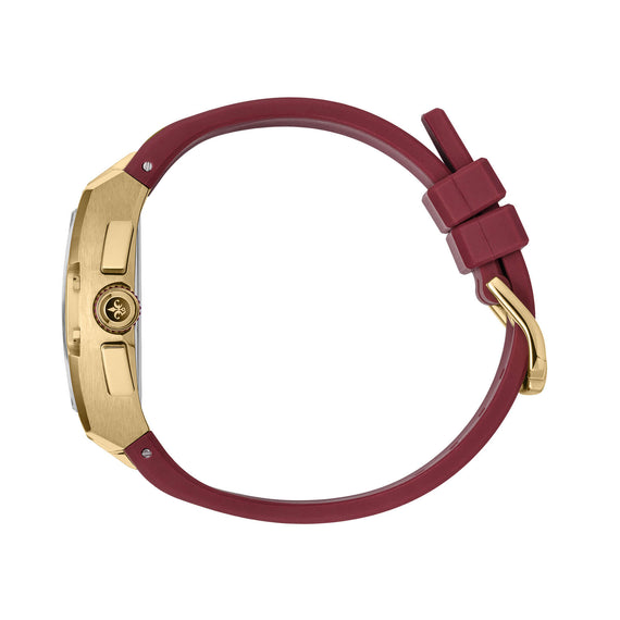 The Intrepid Sport Ladies - Scarlet Gold watch shown in side profile with a gold case burgundy leather strap crown and gold buckle