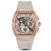Ralph Christian rose gold tone statement watch with a white strap, crystal accented case and bezel, and detailed dial with three subdials