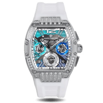 Ralph Christian watch with a white strap silver-tone case blue and turquoise dial three subdials and a crystal embellished bezel and strap