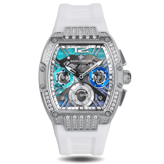 Ralph Christian watch with a white strap silver-tone case blue and turquoise dial three subdials and a crystal embellished bezel and strap
