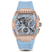 Ralph Christian rose gold-tone watch with blue strap and dial three chronograph subdials and colorful jeweled bezel accents