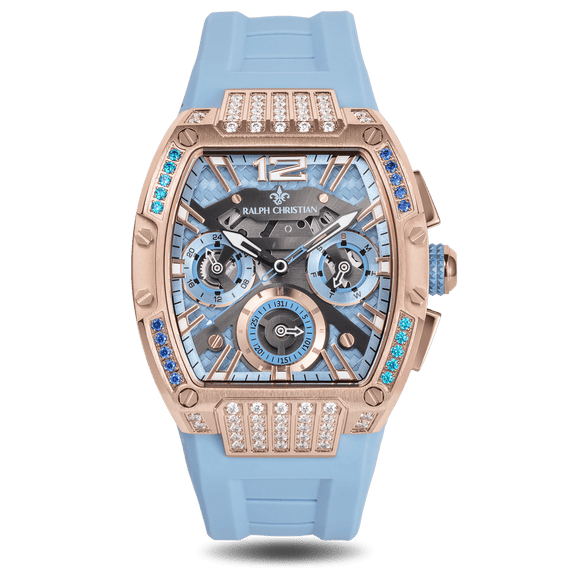 Ralph Christian rose gold-tone watch with blue strap and dial three chronograph subdials and colorful jeweled bezel accents