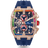 The Polaris Chrono Ice - Celestial Nova men's luxury watch features a rose gold-tone case with a rainbow gradient of cubic zirconia stones set on the bezel, a deep blue textured dial with red and white chronograph subdials, date function, and a blue silicone strap, combining bold design and statement watch craftsmanship.